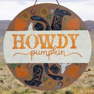 Howdy Pumpkin Painted Door Hanger Fall Door Decor 16" Autumn Porch Sign